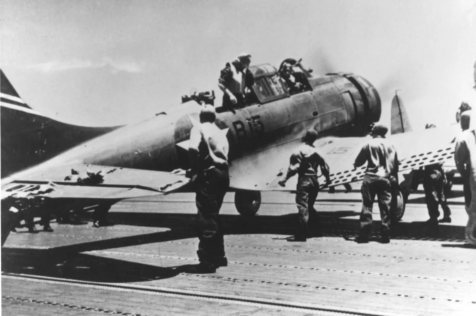 Dauntless of VB 6 after landing aboard USS Yorktown during the Battle of Midway