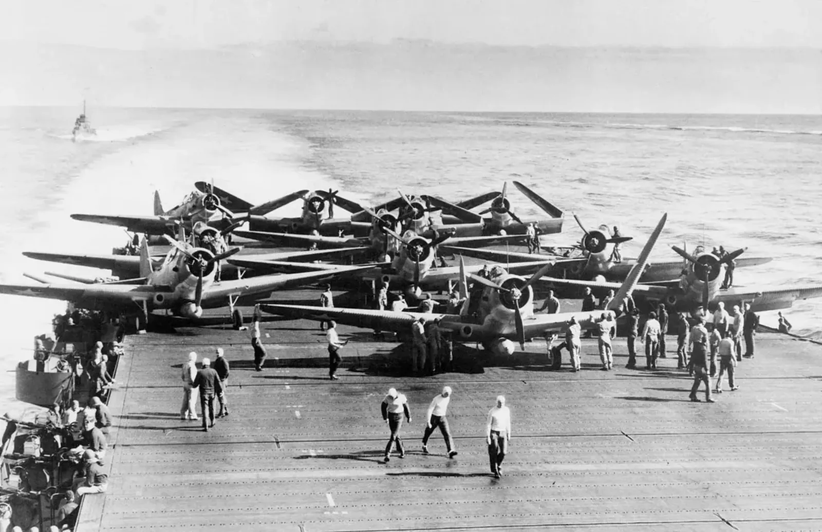 Douglas TBD 1 Devastator torpedo bombers prepared for flight